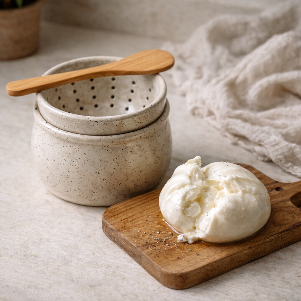 Sloe Club Curds in Cloth kit with freshly made burrata, ceramic vessel, strainer and muslin cloth, new product Australia