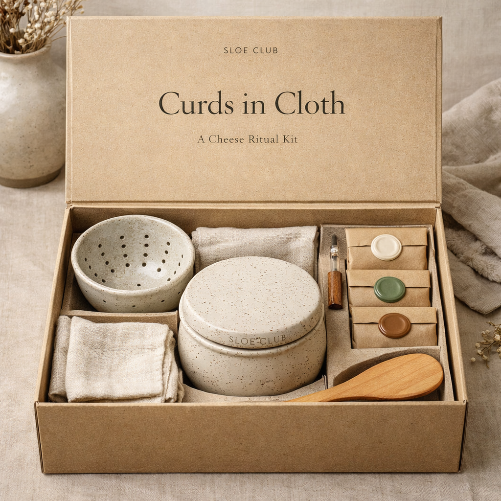 Sloe Club Curds in Cloth soft cheese ritual kit, ceramic vessel, perforated strainer, muslin cloth and wooden paddle