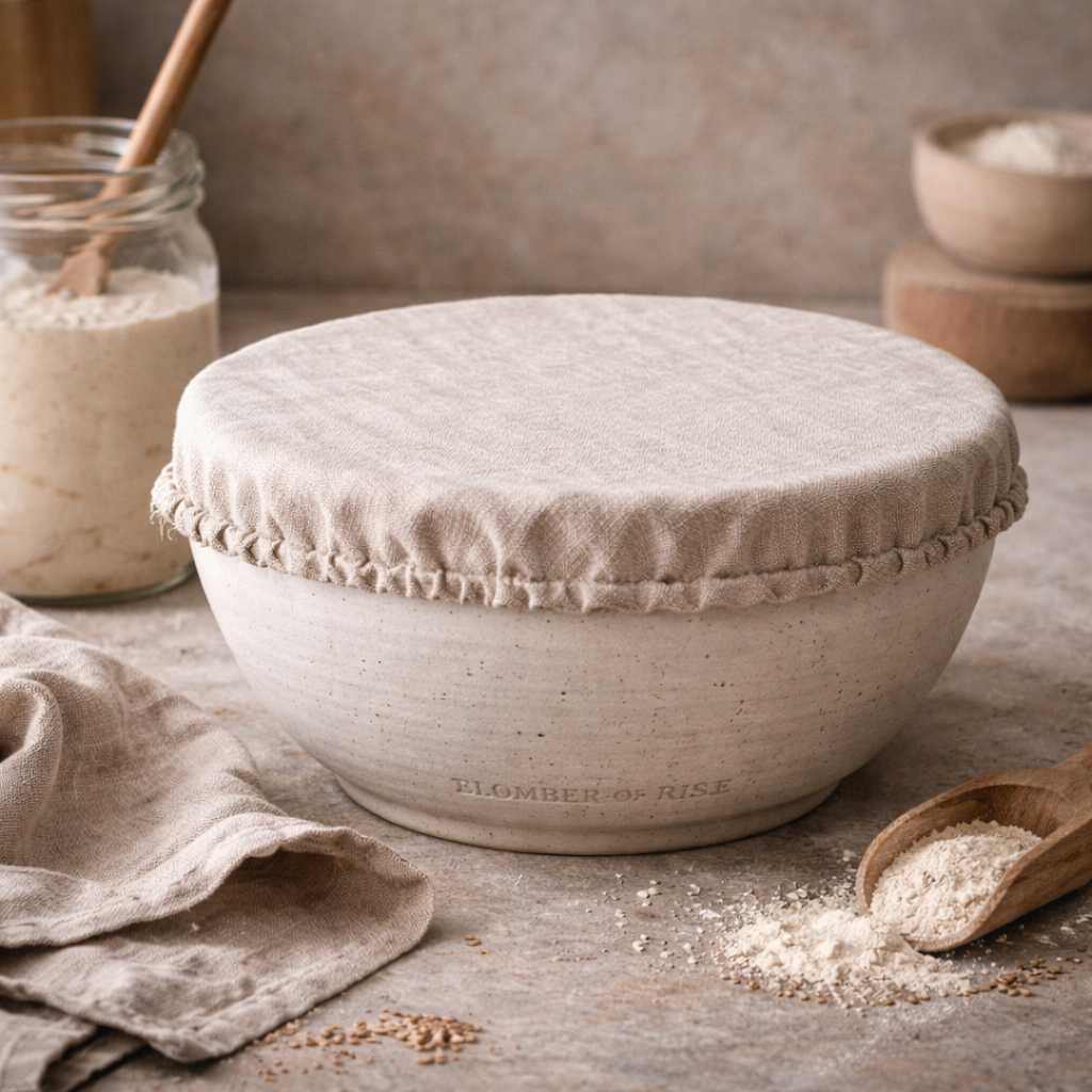 Sloe Club Ember and Rise speckled ceramic mixing bowl with debossed text and natural linen dough cover