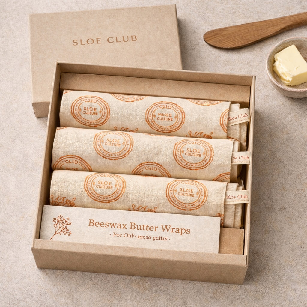 Sloe Club beeswax butter wraps, five natural linen wraps with amber beeswax coating