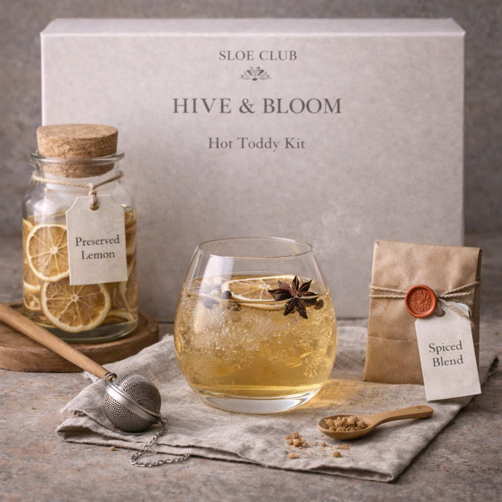 Sloe Club Hot Toddy Kit seasonal gift, botanical spice sachet, glass tumbler and linen napkin