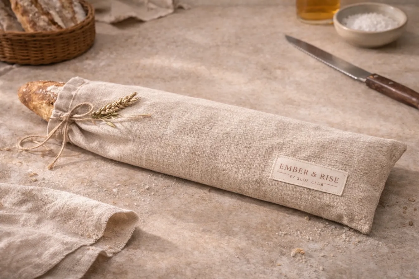 Sloe Club linen baguette bread bag with Ember and Rise woven label, natural linen kitchen gift