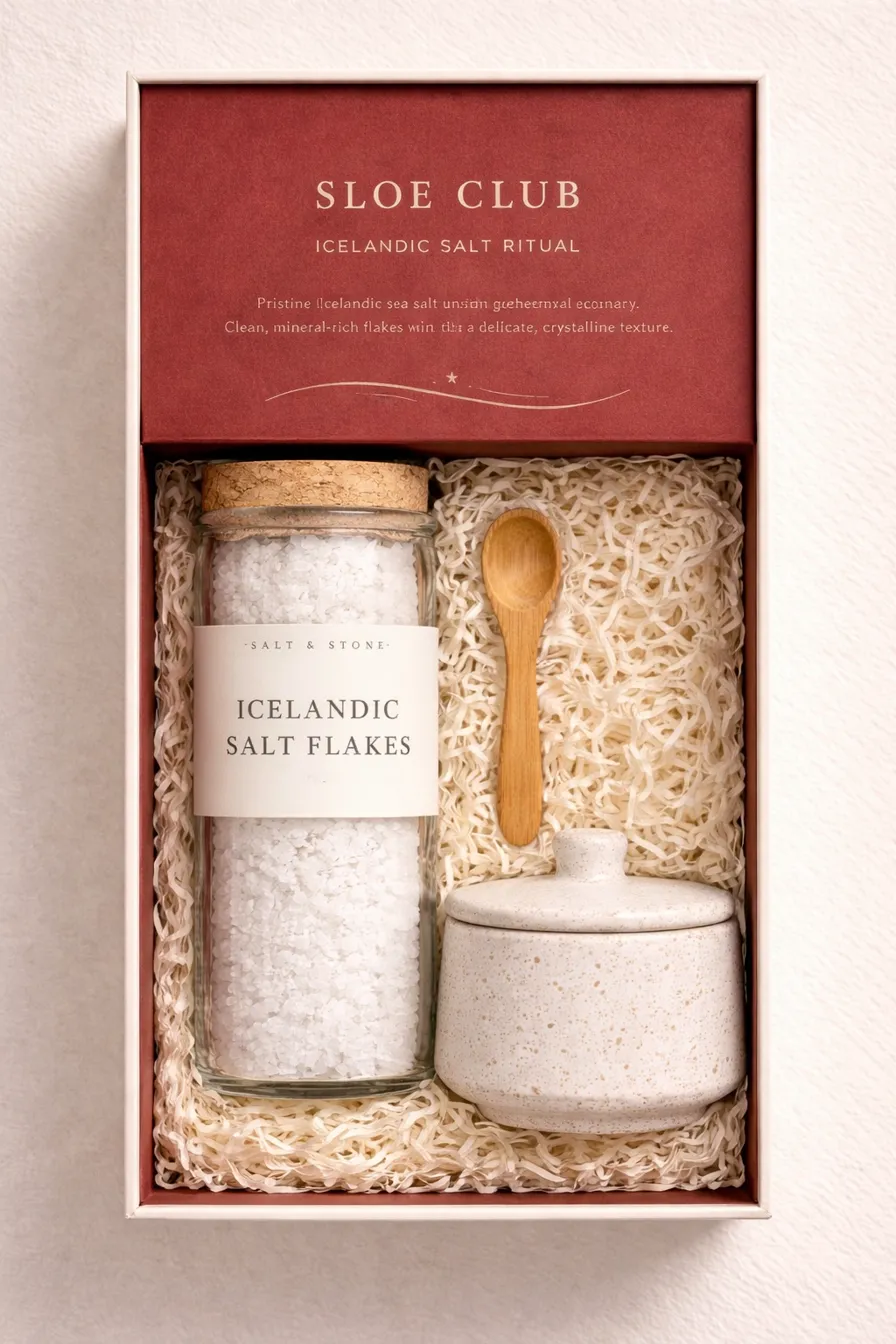 Sloe Club single salt pinch pot with lid and walnut salt spoon, Icelandic finishing salt standalone gift