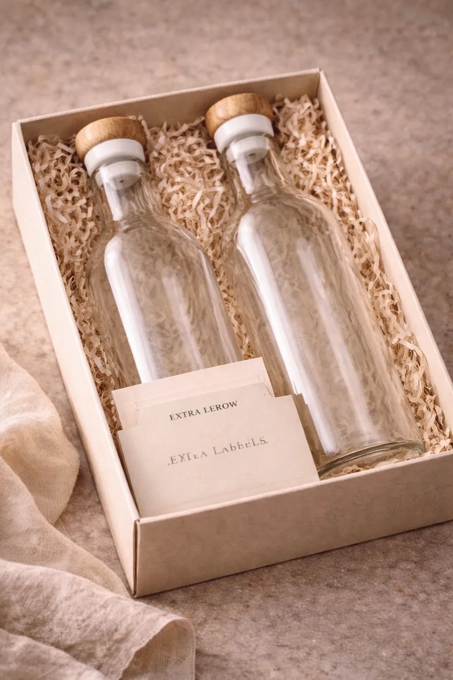 Sloe Club apothecary bottle pair, two 600ml glass bottles with wood cork lids and Sloe Club label cards
