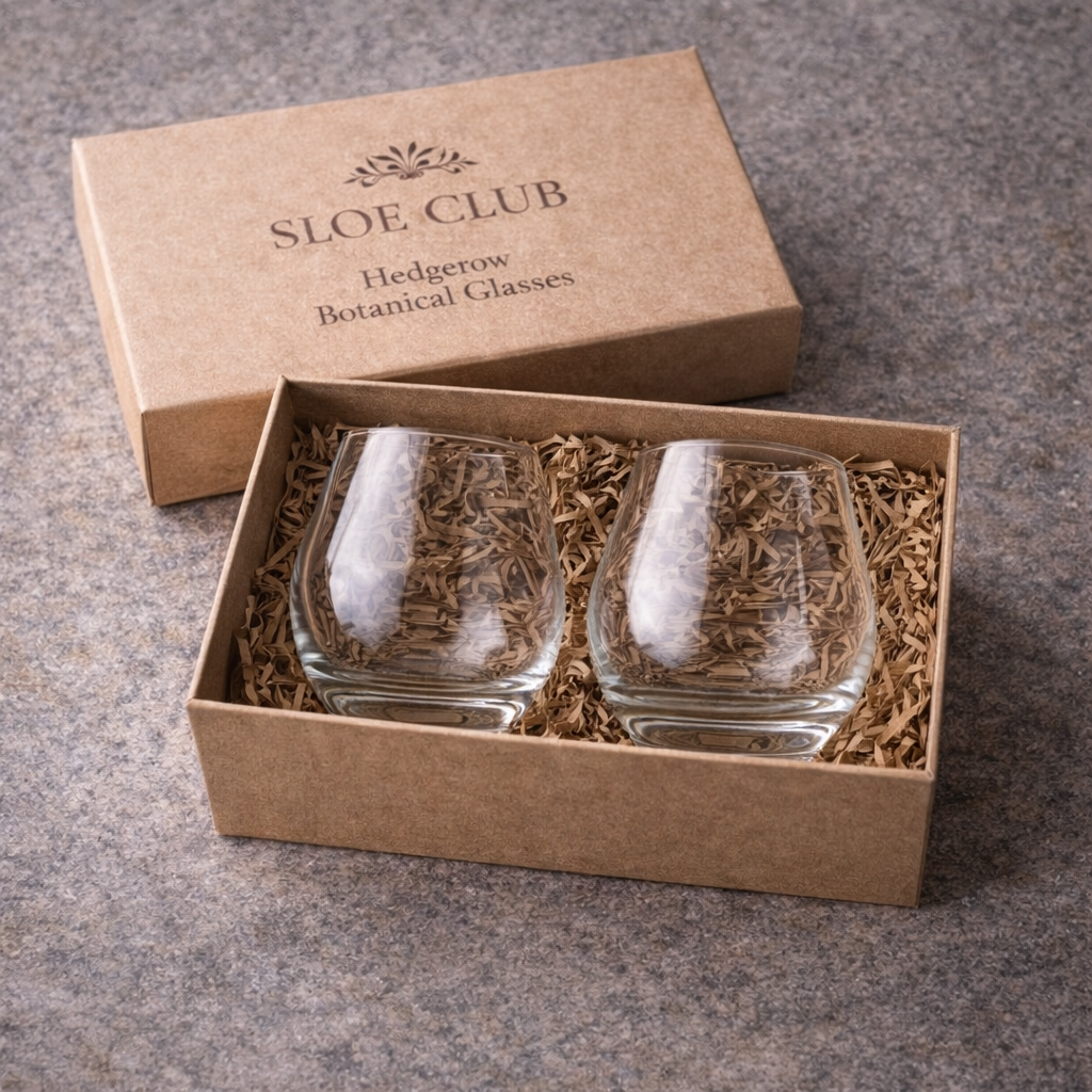Sloe Club botanical stemless glasses 2-pack in kraft gift box, 200ml gin ritual glassware