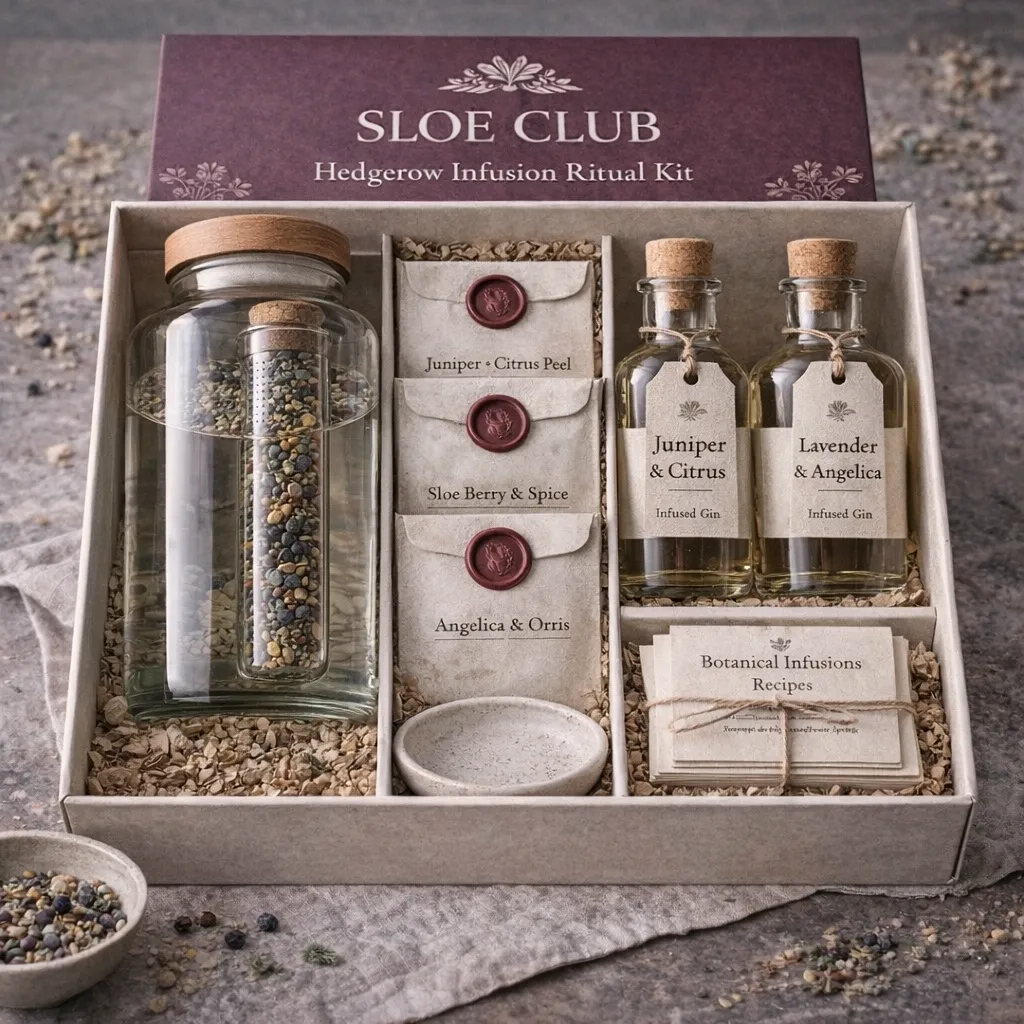 Sloe Club Hedgerow Botanical Infusion Kit flatlay, 1L glass jar, botanical sachets, linen cloth and ceramic dish