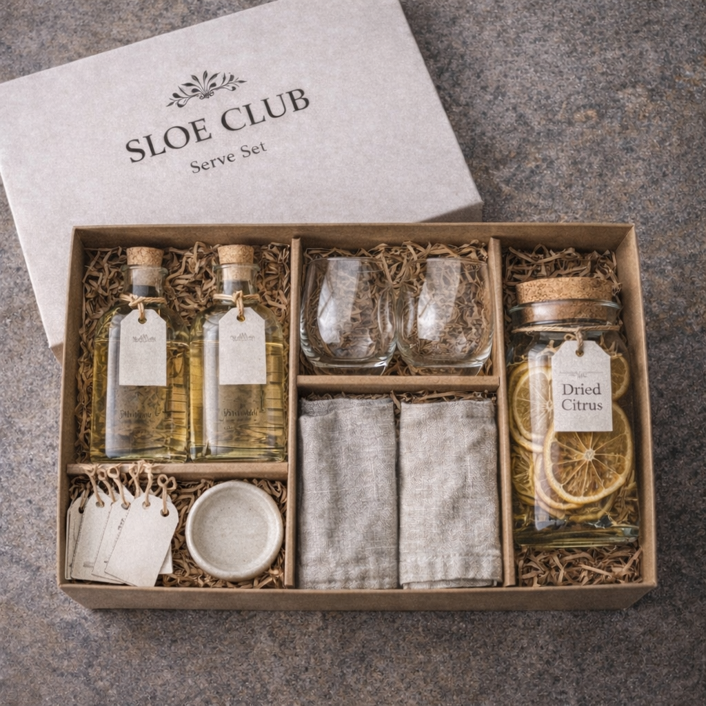 Sloe Club Hedgerow Serve Set, apothecary bottles, botanical stemless glasses, linen napkins and ceramic cork dish