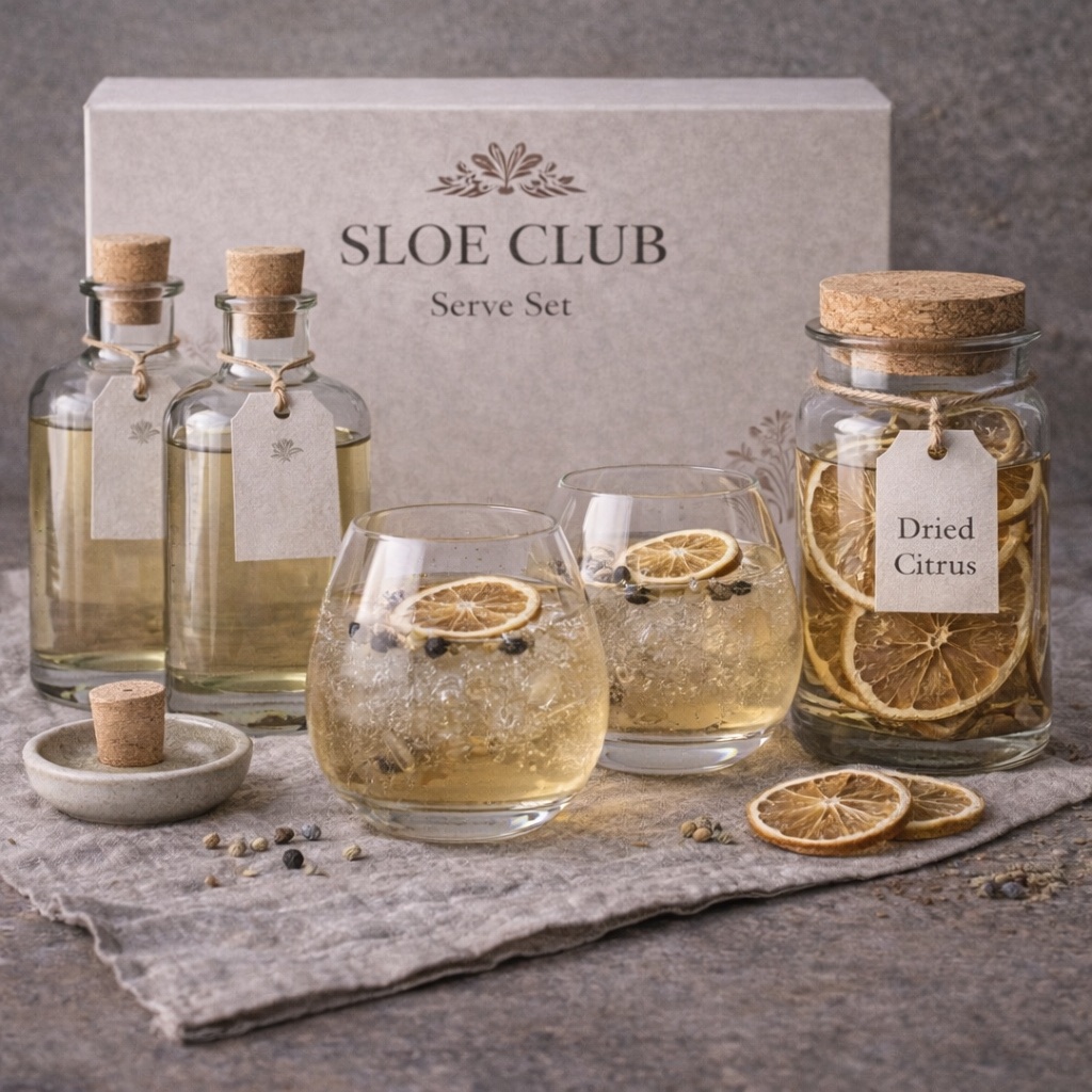 Sloe Club Hedgerow Botanical Gin Infusion Kit styled on a linen kitchen bench in warm morning light, premium ritual gifting kit Australia