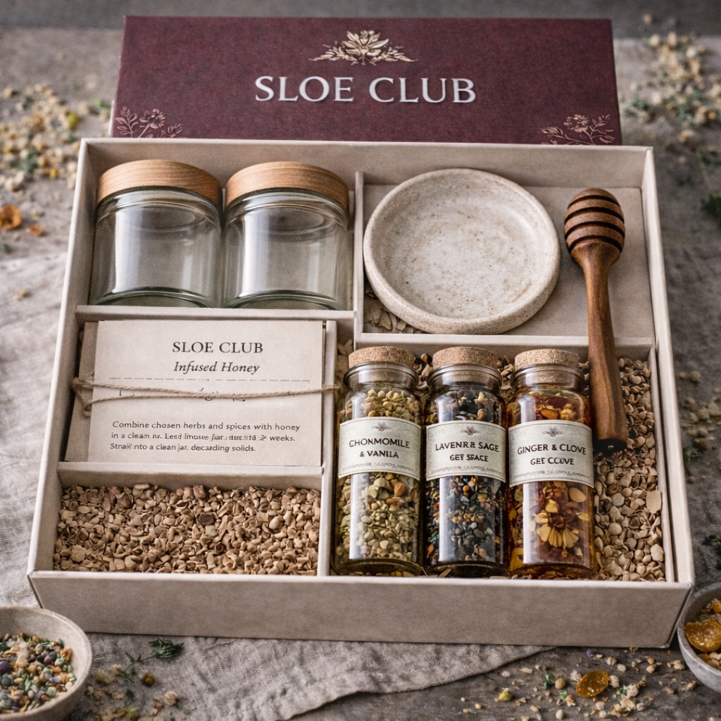 Sloe Club Hive and Bloom botanical honey infusion kit, glass jars with wood lids, ceramic tasting dish and honey dipper