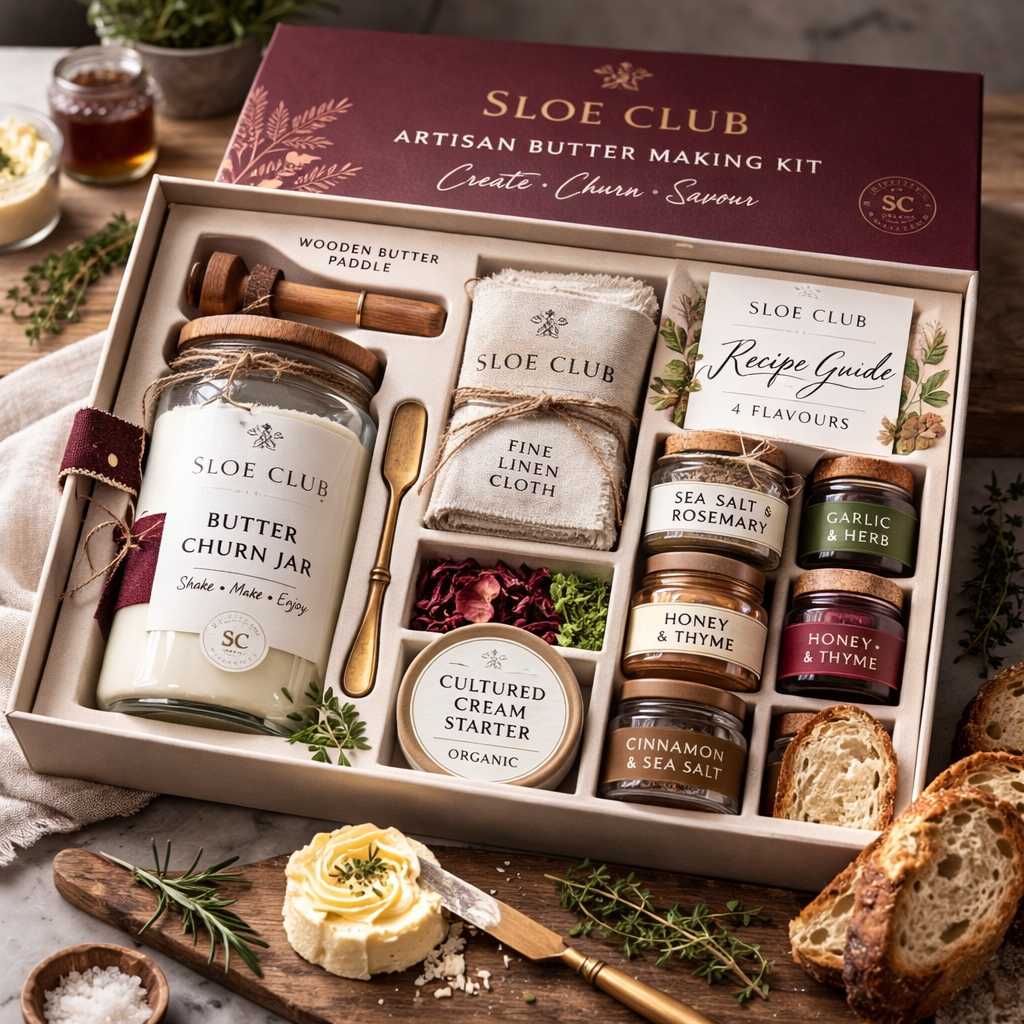 Sloe Club Meso Culture artisan butter kit, glass churn jar, butter paddles, ceramic dish and beeswax wraps