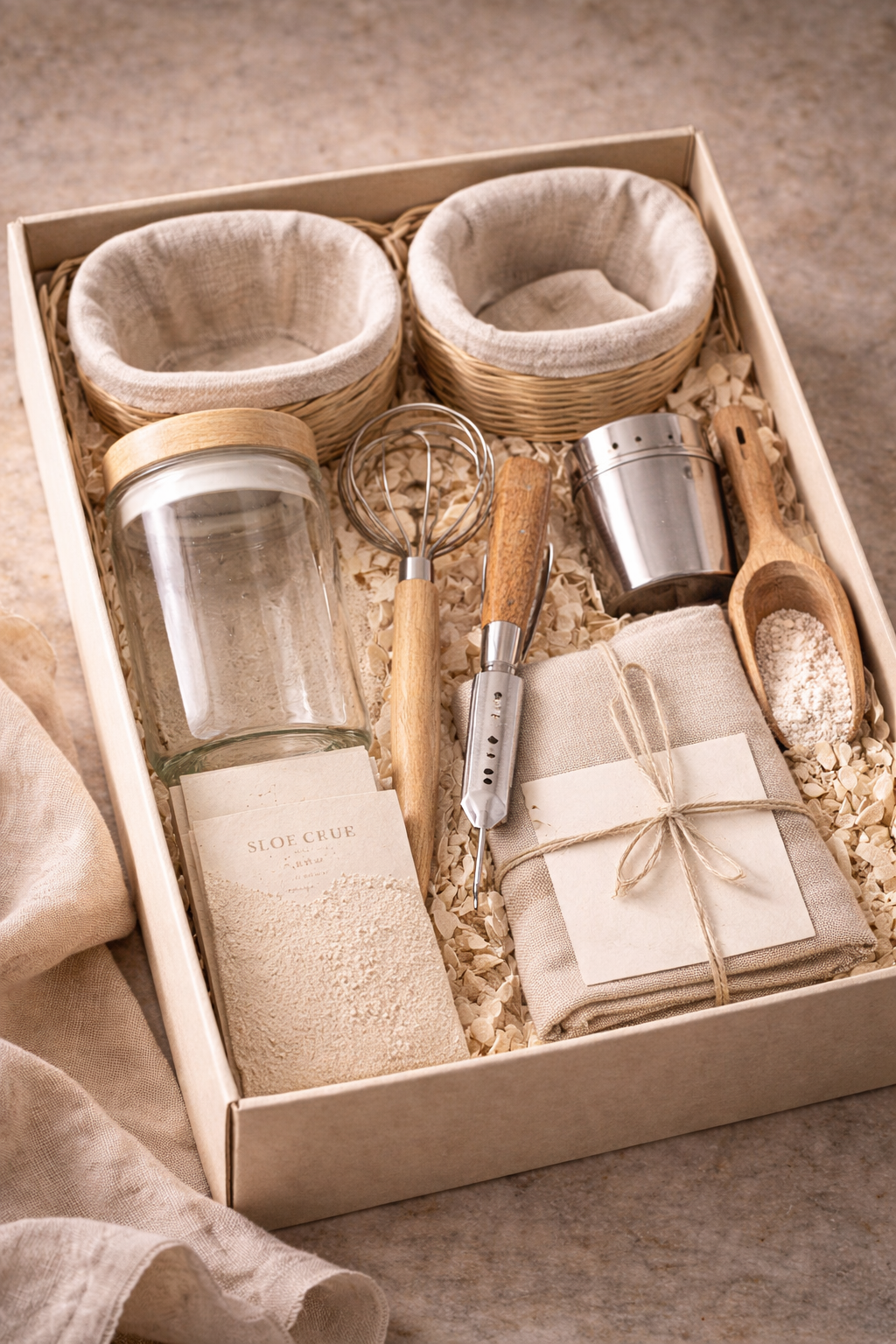 Sloe Club Ember and Rise sourdough bread proving kit, rattan bannetons, glass starter jar and dough whisk