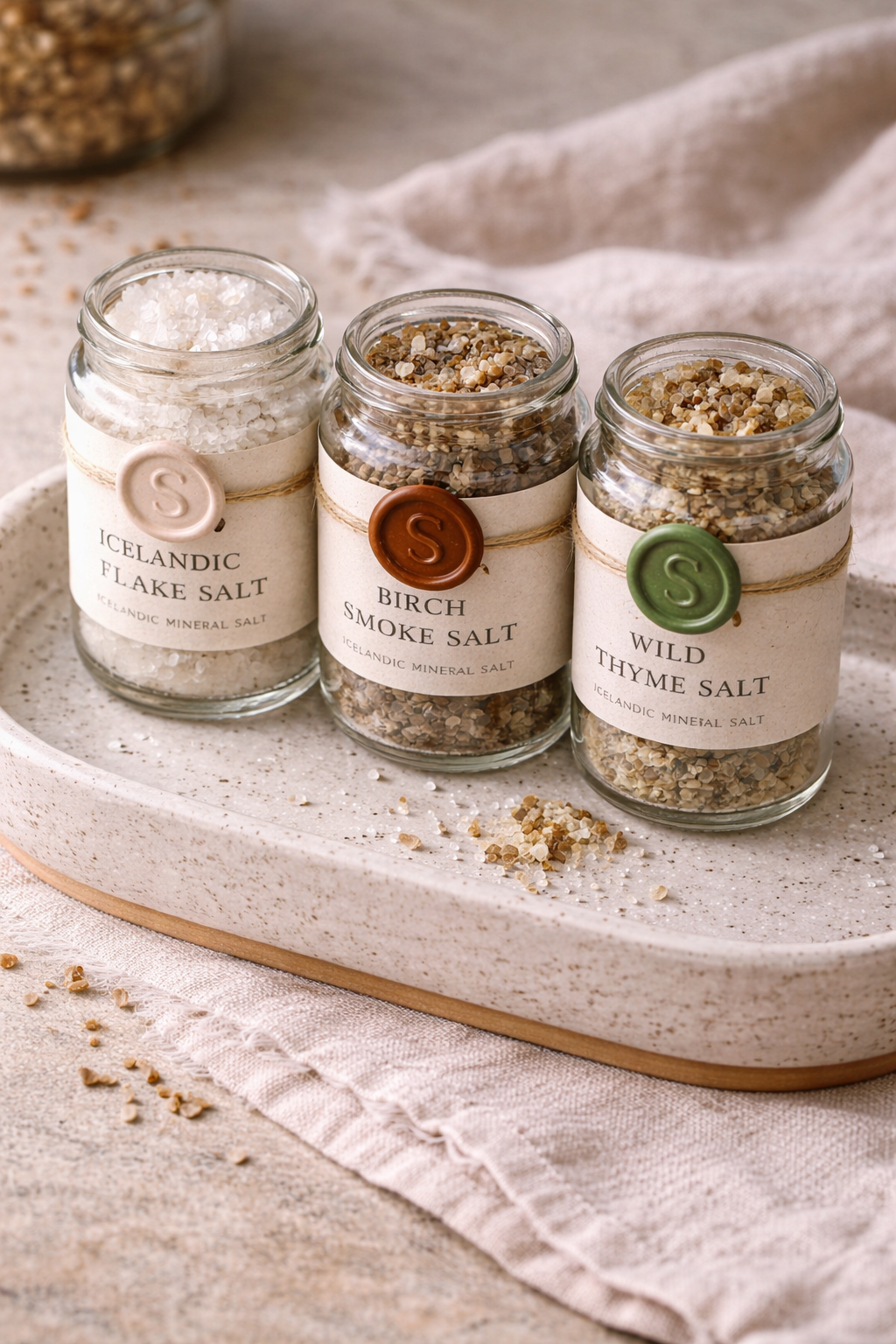 Sloe Club Salt and Stone monthly salt refill, three Icelandic mineral salt variant jars