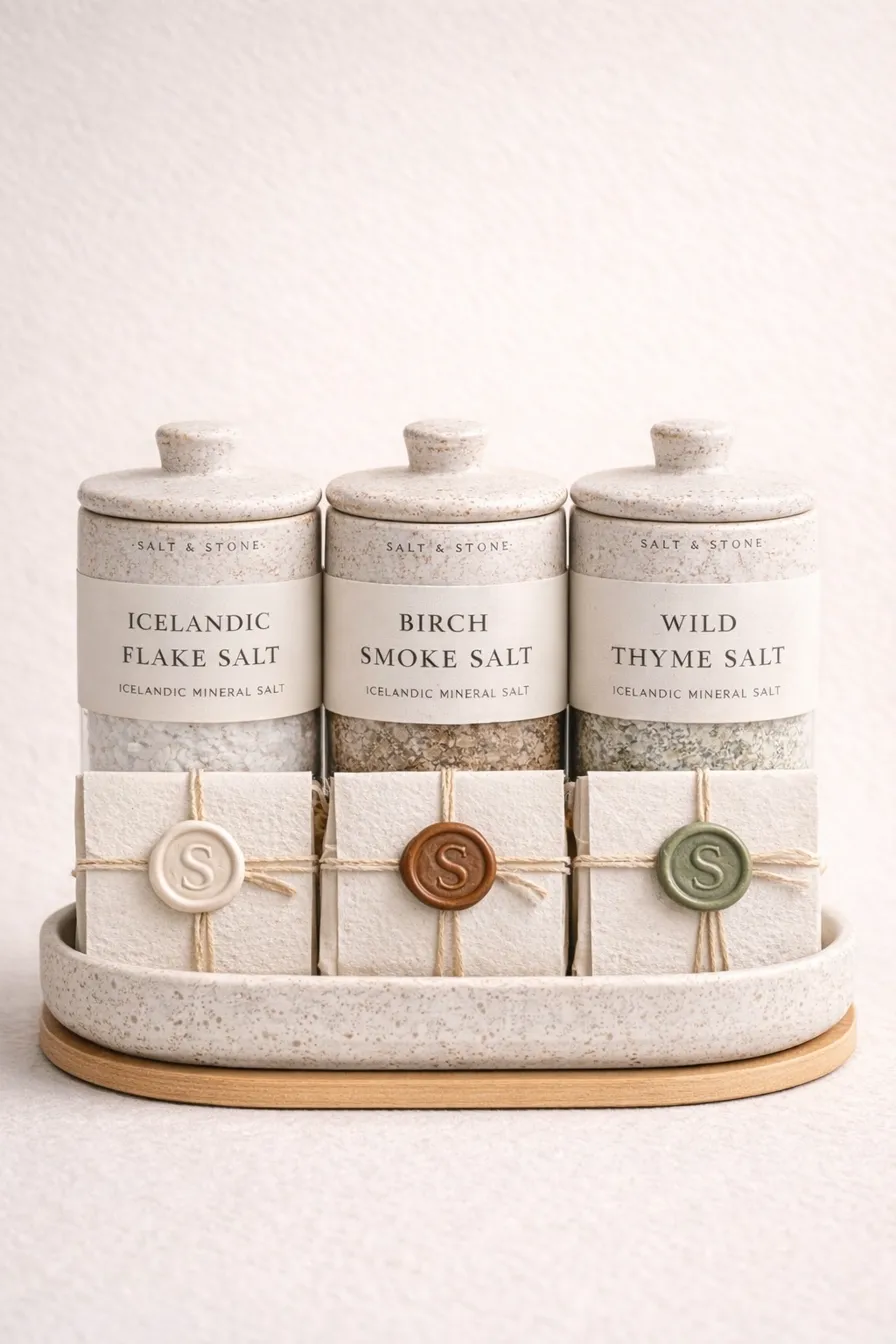 Sloe Club Salt and Stone Finishing Salt Trio, three speckled ceramic pinch pots on oak tray with walnut salt spoon